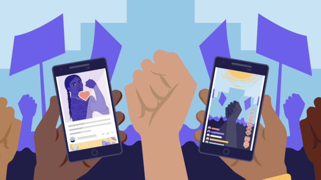 people's hands holding phones showing digital activism